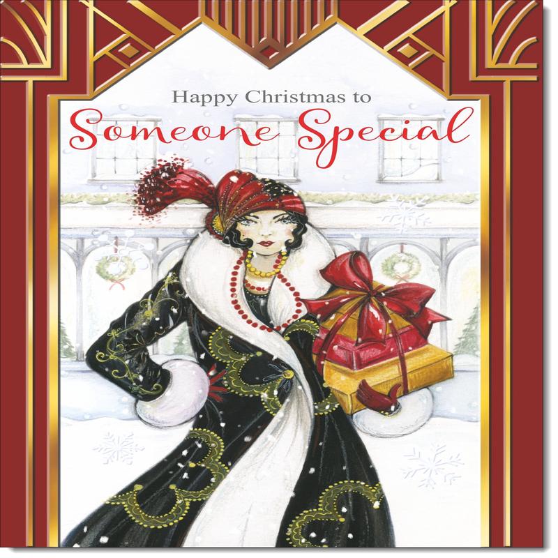 Someone Special Christmas Card Art Deco Lady with Christmas Gift