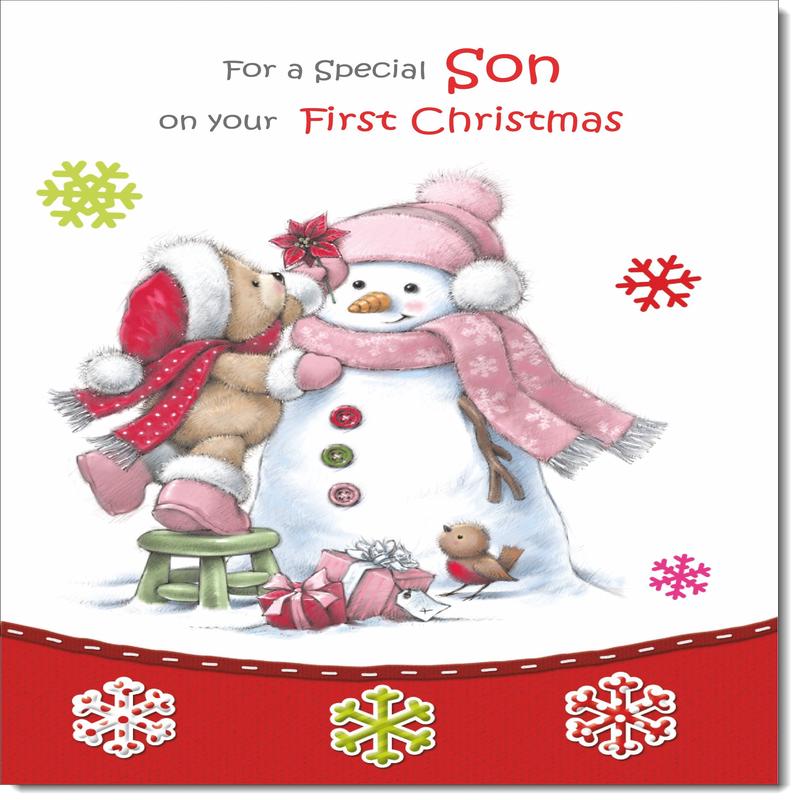 Sons 1st Christmas Card Cute Bear with Snowman
