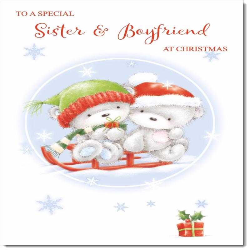 Sister & Boyfriend Christmas Card Cute Bears on Sled