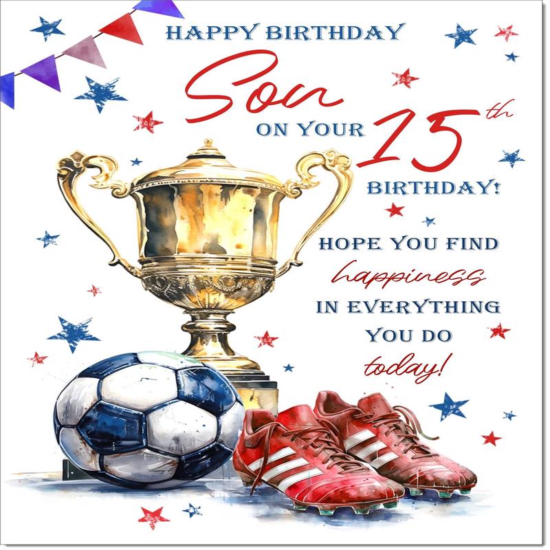 Son 15th Birthday Card Age 15 Footballer's Trophy