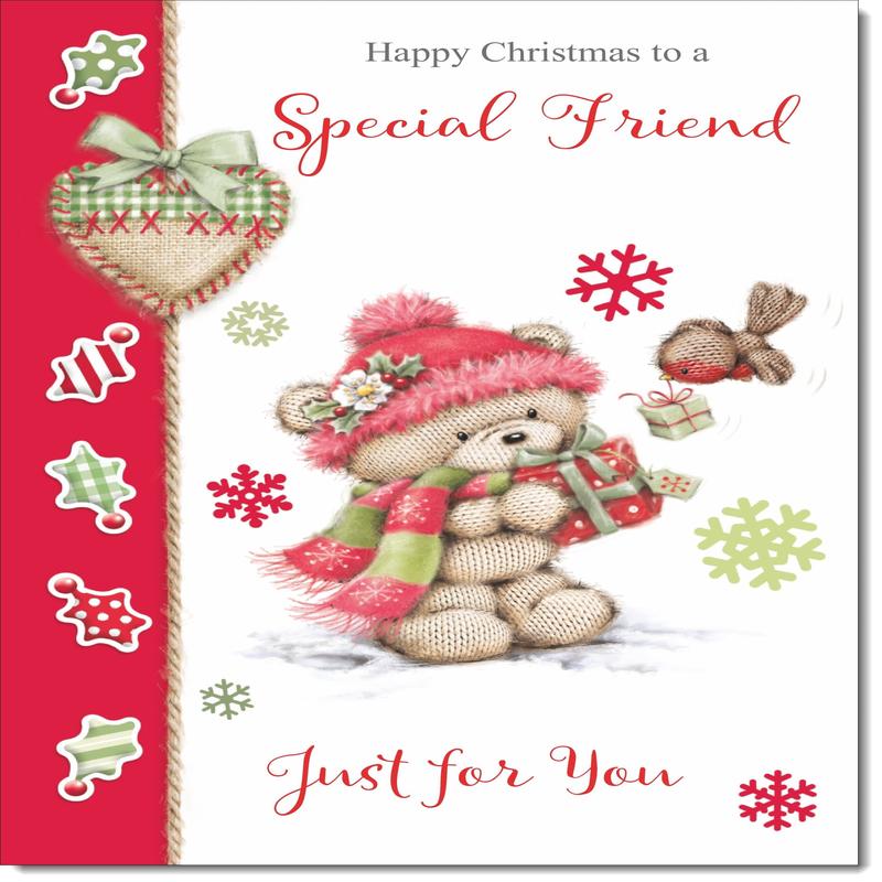 Special Friend Christmas Card Cute Bear in Pink Bobble Hat