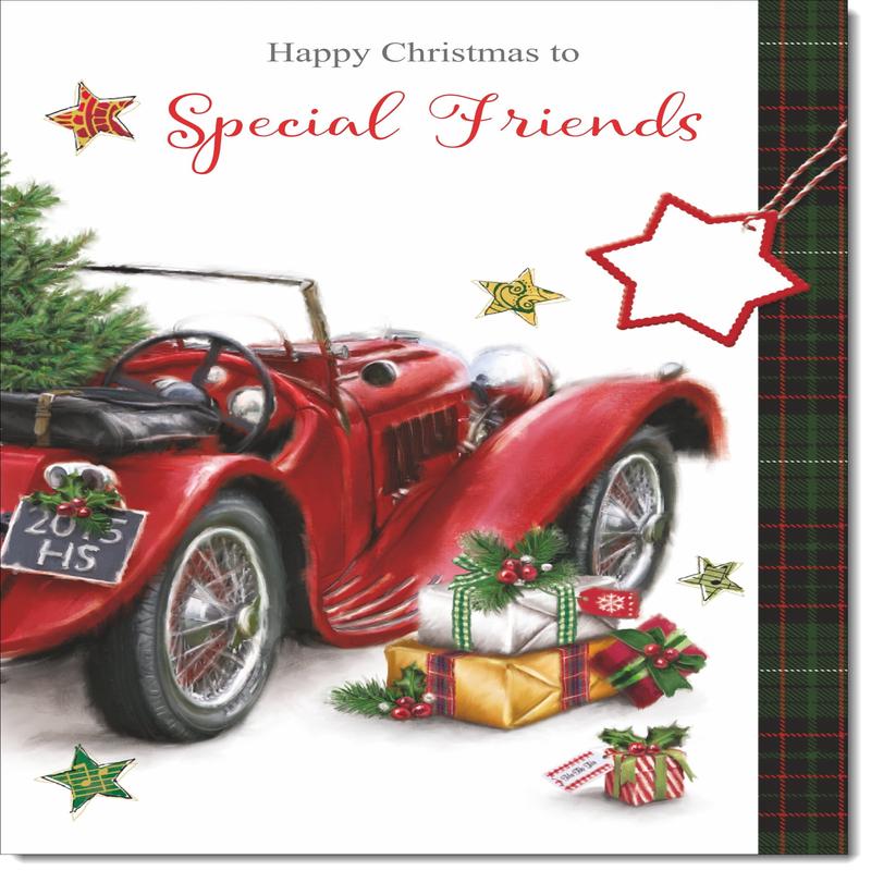 Special Friends Christmas Card Red Vintage Car
