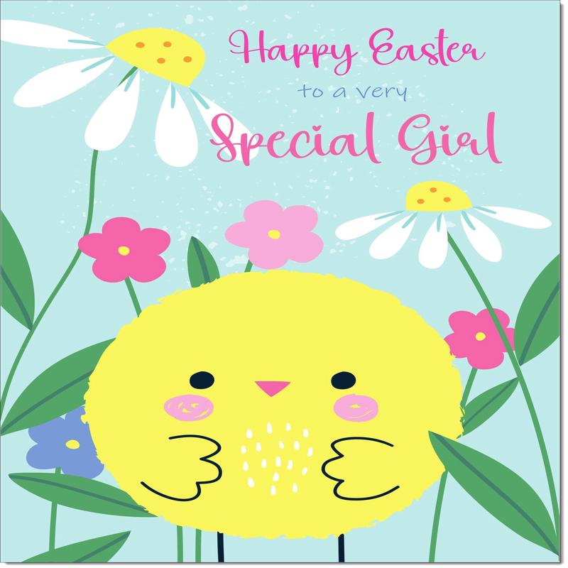 Special Girl Easter Card Yellow Chick and Spring Flowers