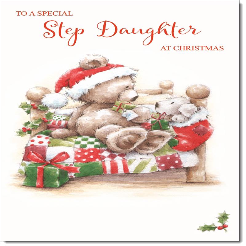 Stepdaughter Christmas Card Cute Bear on Bed