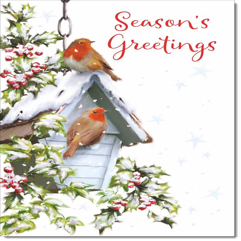 Seasons Greetings Christmas Card Two Robins in Snow