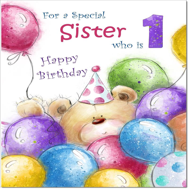 Sister 1st Birthday Card Age 1 Cute Teddy Bear in Balloons