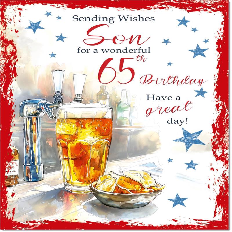 Son 65th Birthday Card Age 65 Beer and Crisps