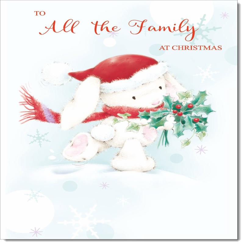 To All The Family Christmas Card Cute Rabbit with Holly
