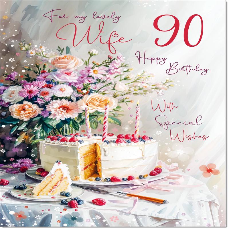 Wife 90th Birthday Card Age 90 Birthday Cake and Flowers