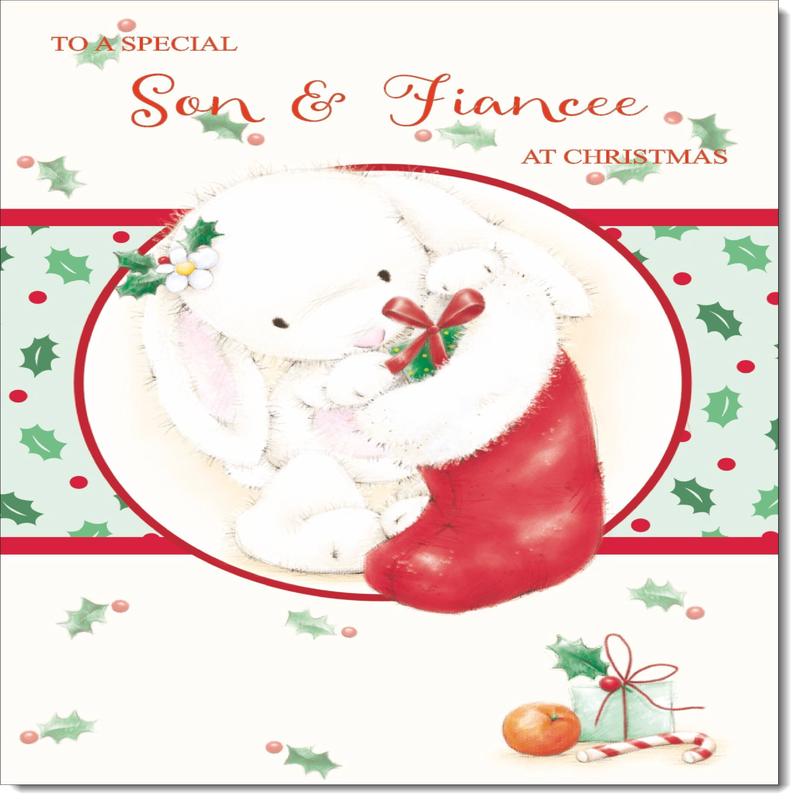 Son & Fiancee Christmas Card Cute Rabbit with Stocking