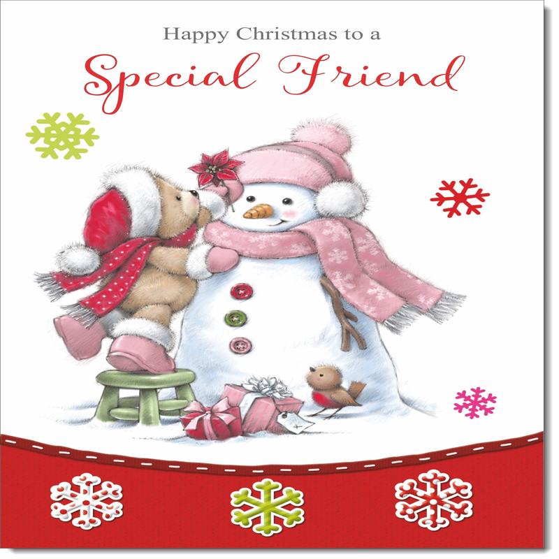 Special Friend Christmas Card Cute Bear with Snowman
