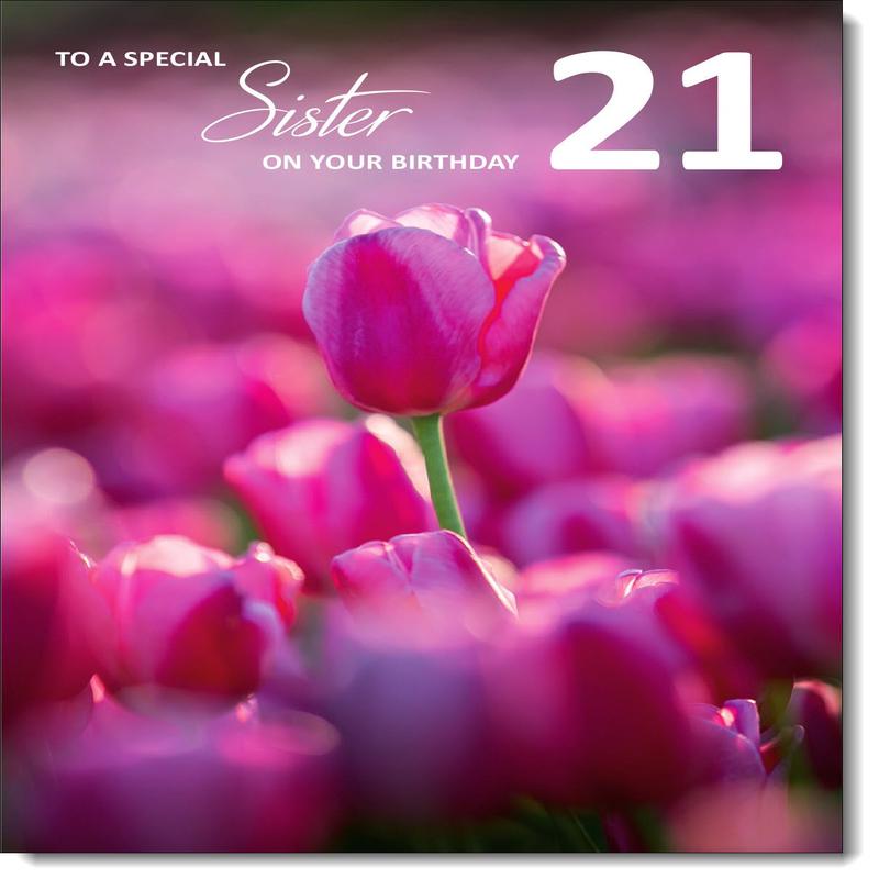 Sister 21st Birthday Card Age 21 Pink Tulip Field