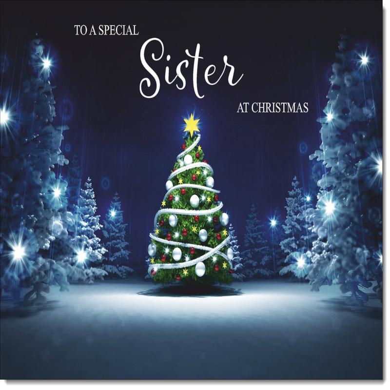 Sister Christmas Card Christmas Tree Lights in Dark Sky