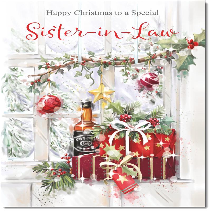 Sister-in-Law Christmas Card Whisky and Presents