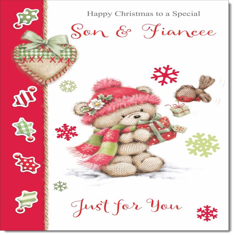 Son & Fiancee Christmas Card Cute Bear in Pink Bobble Hat