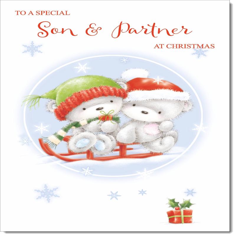 Son & Partner Christmas Card Cute Bears on Sled
