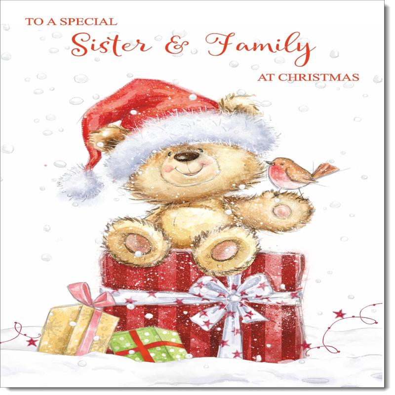 Sister & Family Christmas Card Cute Bear on Parcel