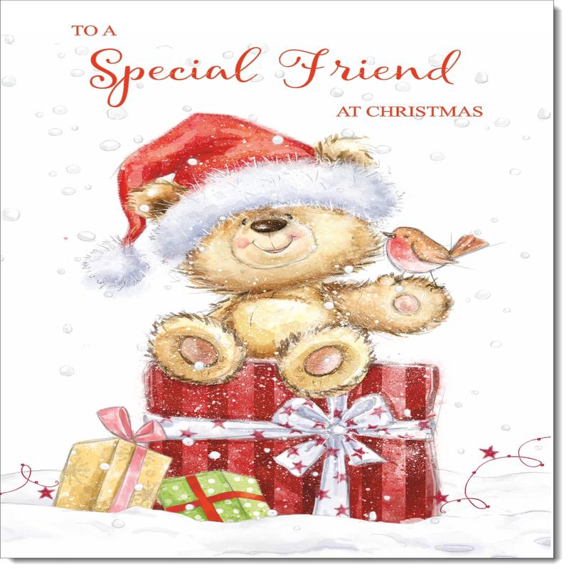 Special Friend Christmas Card Cute Bear on Parcel