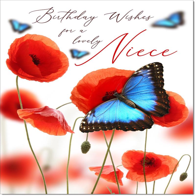 Niece Birthday Card Poppies and Blue Butterflies