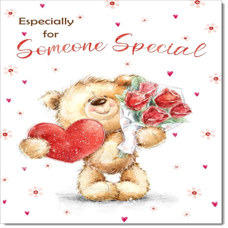 Someone Special Birthday Card for Her Teddy with Love Heart and Flowers