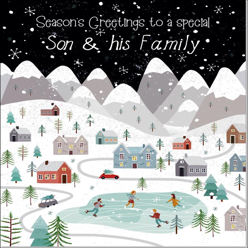 Son & Family Christmas Card Mountain Scene In Snowy Village