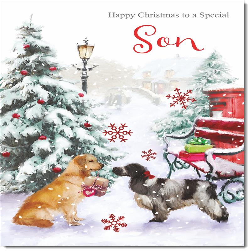 Son Christmas Card Two Dogs in Snow
