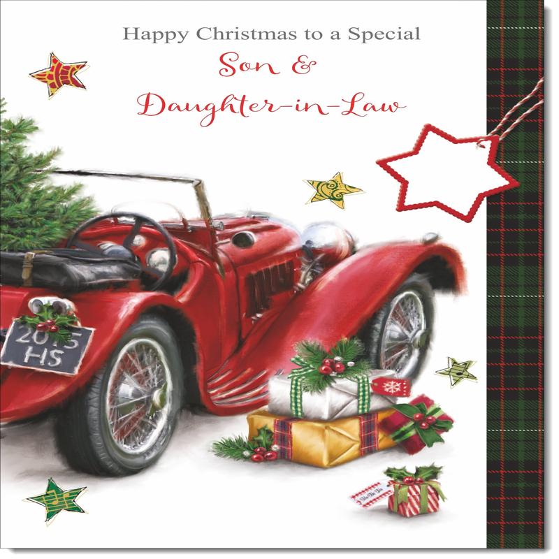 Son & Daughter-in-Law Christmas Card Red Vintage Car